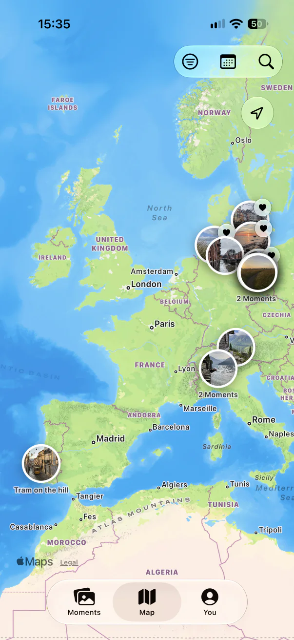 Aunori map showing personal Moments across Europe
