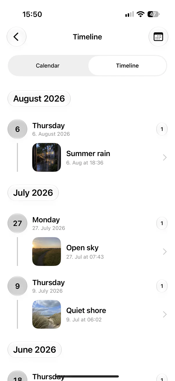 Aunori Timeline arranging personal Moments by month and day